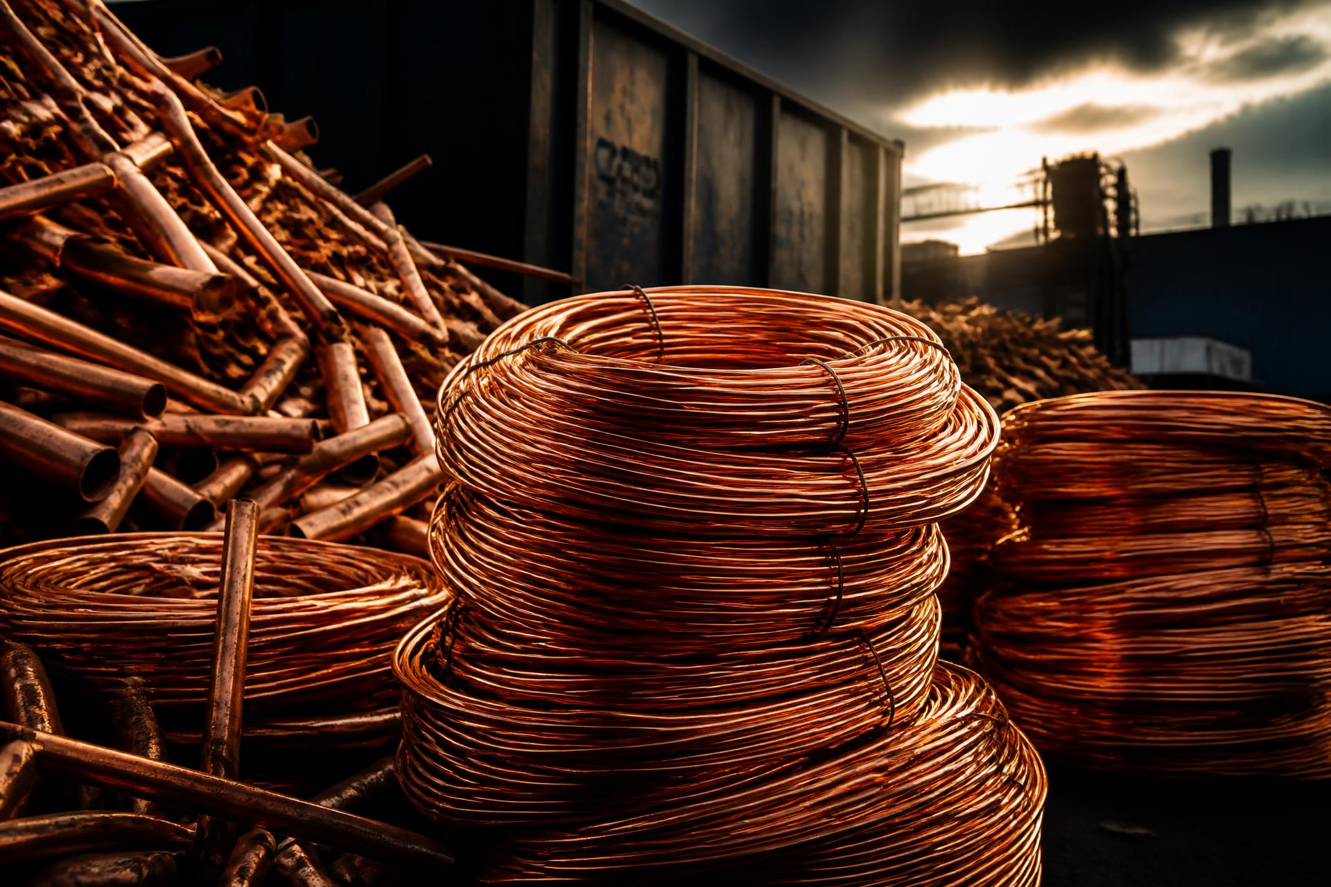 Coils of scrap copper wire and pipe stacked in a recycling yard