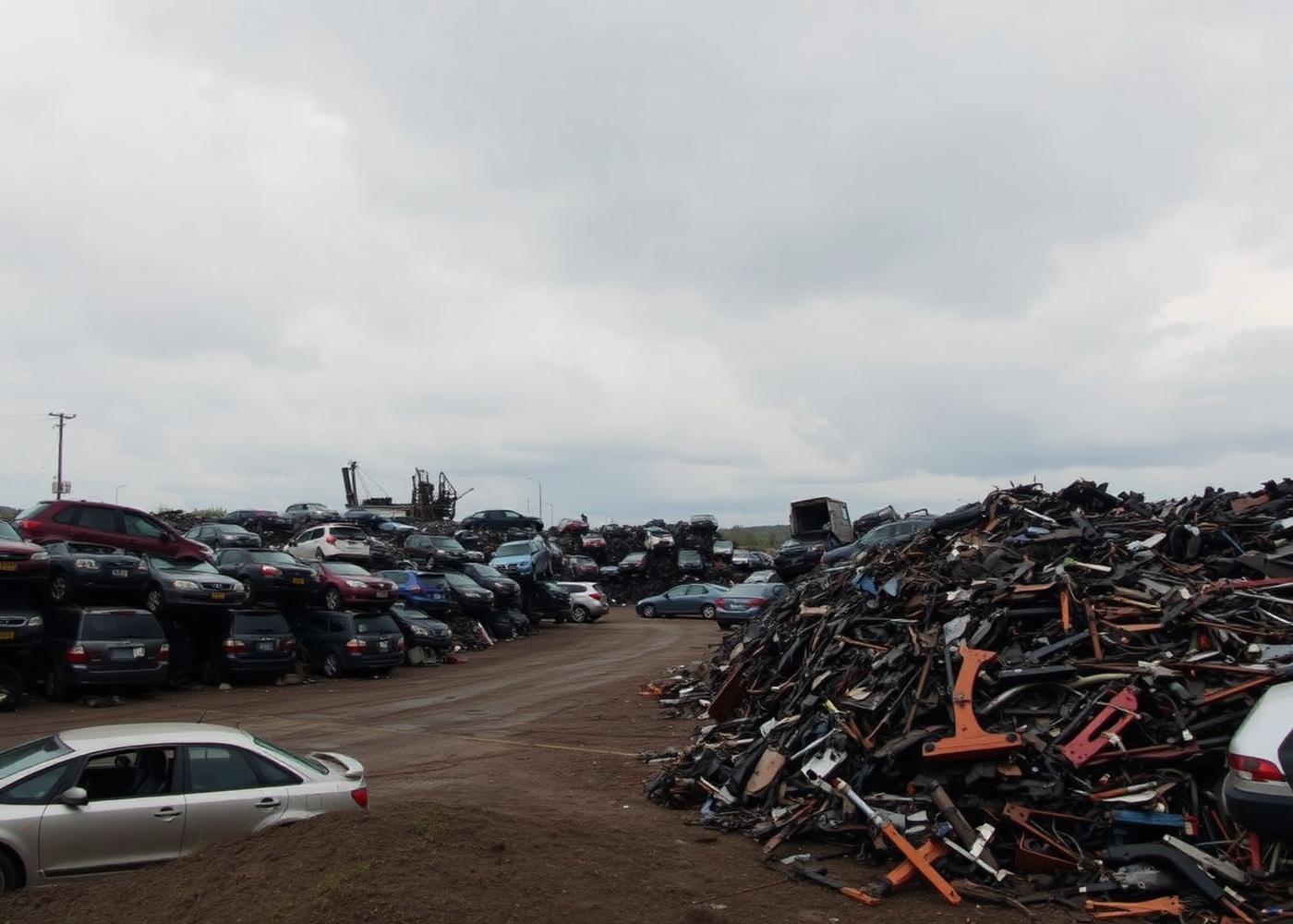 Scrap metal recycling yard with end-of-life cars and mixed metal piles